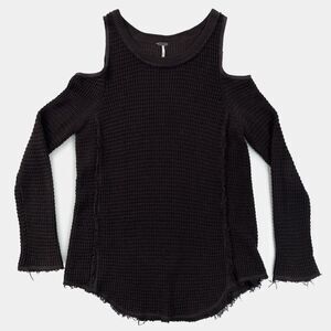 FREE PEOPLE Open Shoulder Sweater, Black Waffle Knit, Size XS